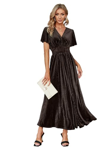 Image of Simplee Women's V Neck Velvet Maxi Dress Short Sleeve Empire Waist Long Formal Dress for Wedding Guest