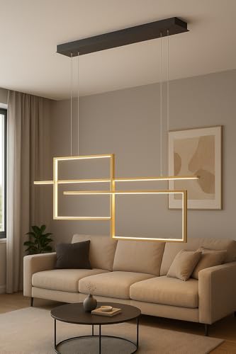 Image of Modern Geometric LED Pendant Chandelier Light | Rectangular Frame Hanging Ceiling Lamp | Warm White Decorative Linear Lighting Fixture | Premium Gold Finish | Ideal for Dining Room, Kitchen Island