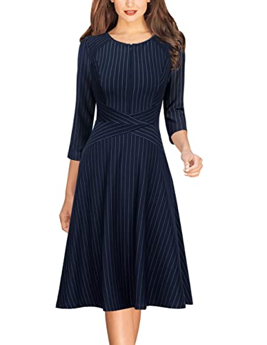 Image of VFSHOW Womens Work Business Front Zipper A-Line Dresses 3 /4 Sleeve Office Church Fit and Flare Skater Swing Knee Length Dress
