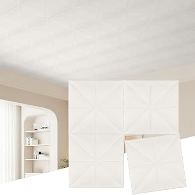 Peel and Stick Ceiling Tiles 13.8x13.8 inch, 32 Pcs Self-Adhesive Ceiling Tiles, Covering 42 sq.ft for Glue up Application, White Pattern