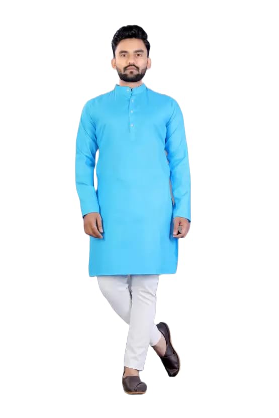 Image of weltpocket Men's Cotton Blend Solid Straight Kurta Pyjama (XX-Large, Sky)