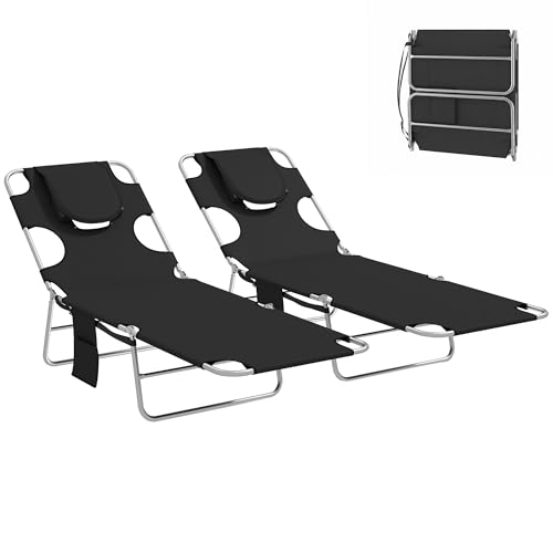 Outsunny Foldable Sun Loungers Set of 2, Beach Chaise Lounge with Reading Hole, Arm Slots, 5-Position Adjustable Backrest, Side Pocket, Pillow for Garden, Beach, Camping, Black