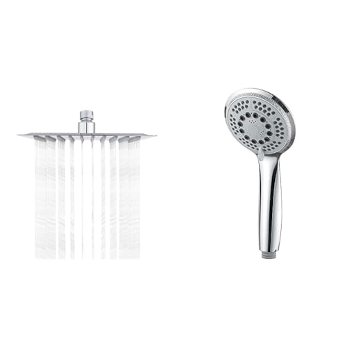 Ibergrif Tete de Douche Inox - Economie d'Eau, Pommeau de Douche Carré 20CM & GRIFEMA COMPLENTO-G804 Douchette à Main 5 jets pour Salle de Bain, Moyen Pommeau de Douche