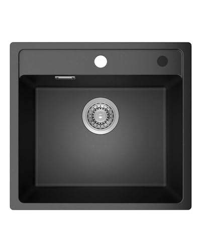 ANYCEE Fregadero Negro 45x46 cm, Granito Fregadero Cocina Incl Sifón para Muebles Bajos a Partir 45 cm Ancho, 80% Cuarzo Arena