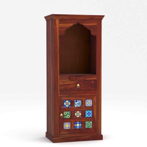 Image of Solid Wood Premium Sheesham Wood Temple for Home Big Size 5 Feet with Door Storage Cabinet Wooden Mandir for Pooja Room Honey Finish