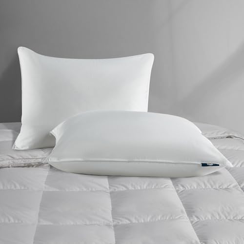 Image of Serta 233 Thread Count White Goose Feather Down Fiber Pillows Medium Firm King Size Pillows Set of 2 Pack 100% Cotton Hotel Collection Bed Pillow for Side Sleeper