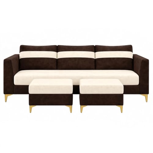 Image of FURNY Nova 5 Seater L Shape Sofa Set with 2 Movable Ottoman | Flexible Left or Right Layout | Plush Velvet Fabric (Dark Brown-Cream) | Perfect for Living Room, Guest Room & Office