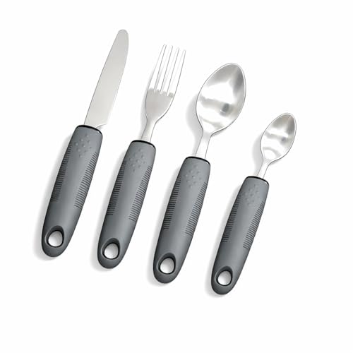 4 Teiliges Easy Grip Besteck Senioren Besteck für Behinderte Parkinson Rutschfeste Griffe ür Behinderte Menschen Parkinson Patienten Ältere Arthritis (Grau)1