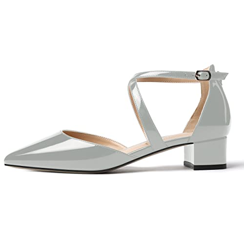 MODENCOCO Women's Patent Pointed Toe Buckle Cut Out Criss Cross Strap Chunky Low Heel Pumps Shoes 1.5 Inch2