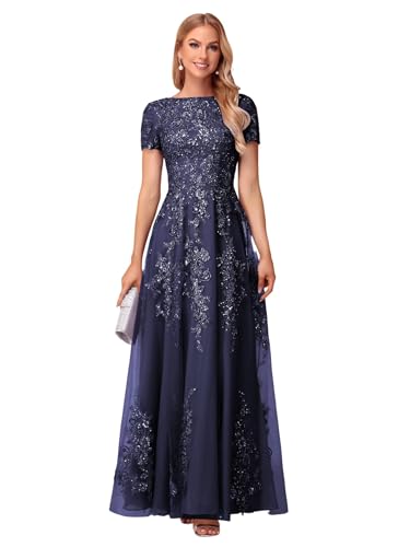 YOFF Sequin Lace Mother of The Bride Dresses for Wedding Navy_Blue Crew Neck Long Tulle Short Sleeves Evening Formal Gown for Women 10