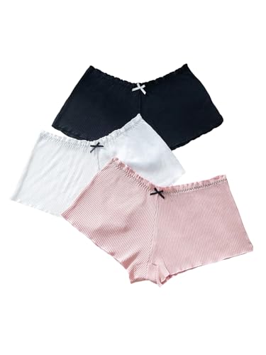 SweatyRocks Women's 3 Piece Low Rise Bow Front Boyshorts Panties Ribbed Knit Comfy Underwear Briefs