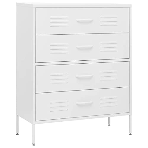 Teenpull Cómoda blanca de acero 80 x 35 x 101,5 cm con cajones y patas niveladoras, aparador para dormitorio, salón y pasillo, armario bajo versátil con espacio de almacenamiento y sistema de