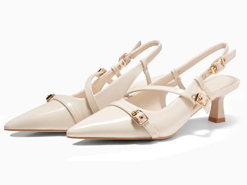 Coutgo Womens Slingback Kitten Heels Low Heel Closed Pointed Toe Pumps Buckle Strap Heeled Sandals Shoes, Beige, Size 7.5 by Coutgo - Used condition - Image 2