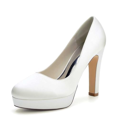 Women's Platform Satin High-Heeled Pumps Closed Round-Toe Slip-On with Ankle Strap - Ideal for Casual, Work, and Wedding Dress Occasions
