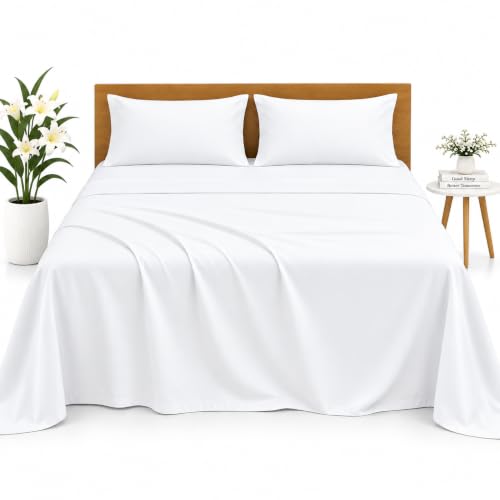 Image of Bedsheets for Queen - 90x102 Inch Bed - Microfiber Plain White Solid Bed Sheet Include Pillow Cover, Ultra Soft | for Home, Hotel, Villa, Resort and Guest House
