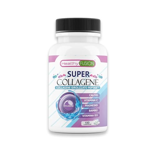 Healthy Fusion Super Collagene | Collagene Marino Peptan | Bambù, Calcio, Magnesio, Vitamina C e D3 |Vitalità e pelle rassodata | Protegge i muscoli e articolazioni | Azione antiossidante | 180 caps