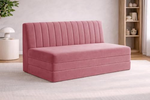Image of Rosebell -3 Seater Armless Sofa Cum Bed with Backrest | Soft Velvet Fabric Finish | Modern Living Room & Bedroom -Rose Pink-Color