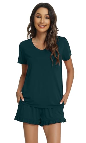 Image of WiWi Womens Pajamas Set Bamboo Viscose Super Soft Short Sleeve Top Ruffle Shorts Sleepwear Cooling Pj Sets S-XXL
