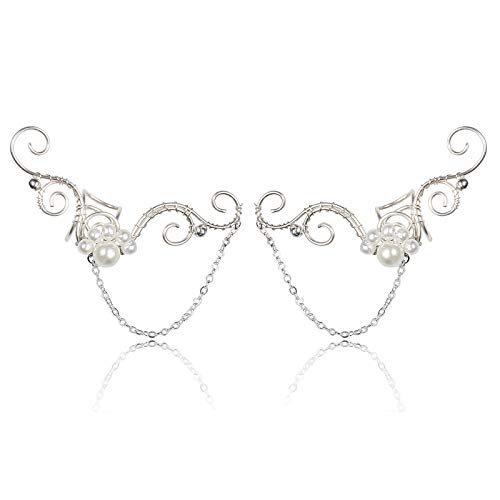 Elf Ear Cuffs, OwMell 1 Pair Pearl Beads Filigree Fairy Elven Ear Wrap Clip on Earrings Handcraft Wedding Jewelry
