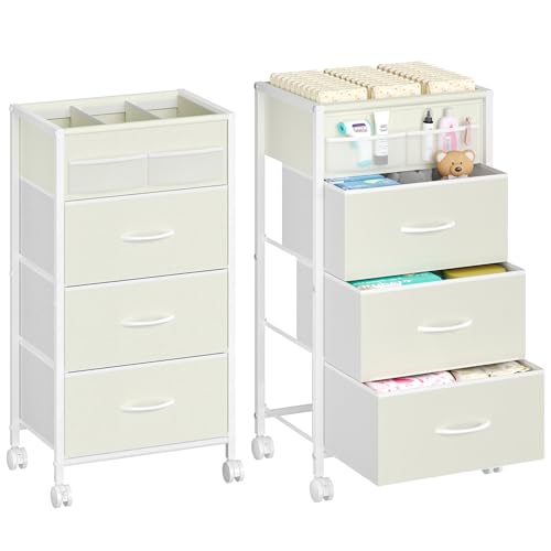 Image of 4-Tier Baby Diaper Caddy Organizer Cart with 3 Storage Drawers, Rolling Cart with Dividers & Side Pockets for Nursery, Baby Essentials, Toys, Wipes & Creams, Portable Baby Storage Cart & Station