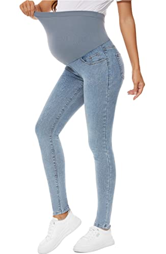 Poshglam C-MB044-LBU-L Women'S Maternity Jeans Over Belly Skinny Denim Jeggings Comfy Stretch Pregnancy Pants thumb #3