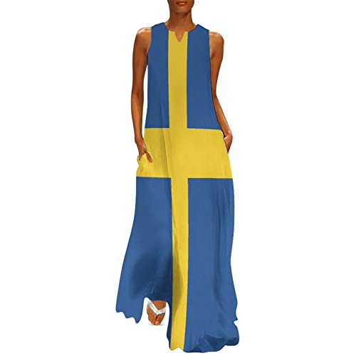 Image of TAIZIYEAH Long Dress Swedish Flag Women's Summer Casual Loose Dress Long Dress Short Sleeve for Girls Fashion Skirts 4XL