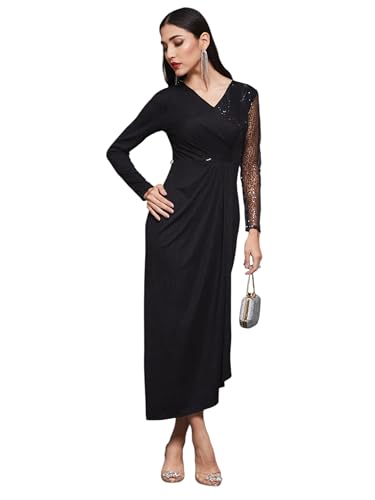 Image of Miss Chase Women's Fit and Flare Full Length Pleated V-Neck Full Sleeve Dress