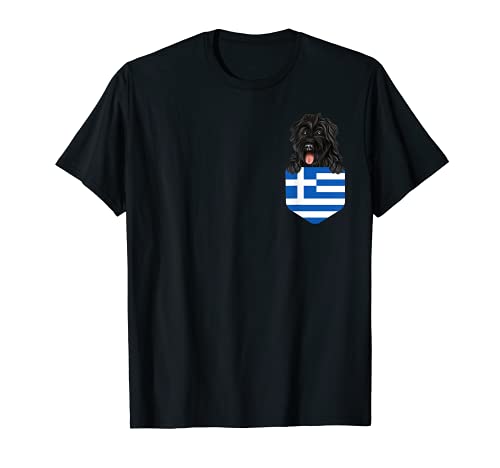 Greece Flag Bouvier des Flandres Dog In Pocket T-Shirt, Black