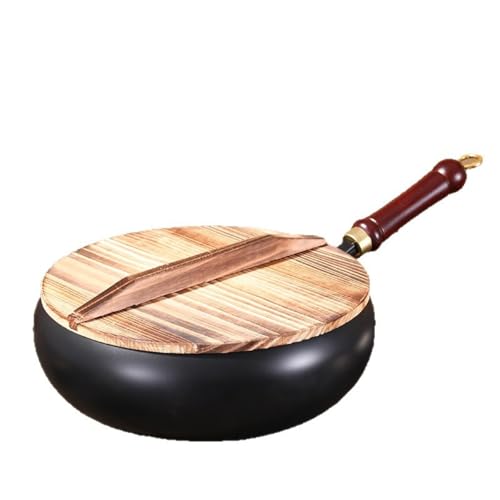 Generico Padella in ferro forgiato, 24 cm, non rivestita, in ferro forgiato a mano, con coperchio in legno, grande vaso, per fornelli a gas e induzione