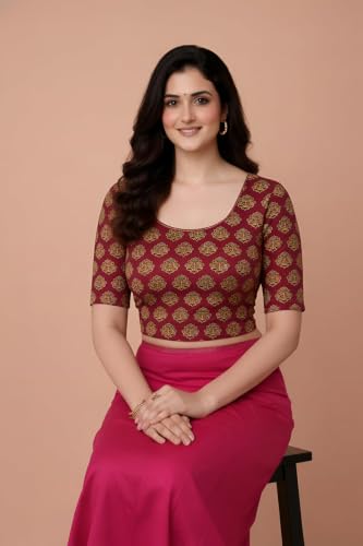 Image of Amazon Brand - Anarva Women's Kalamkari Print Cotton Stretchable Round Neck Readymade Saree Blouse