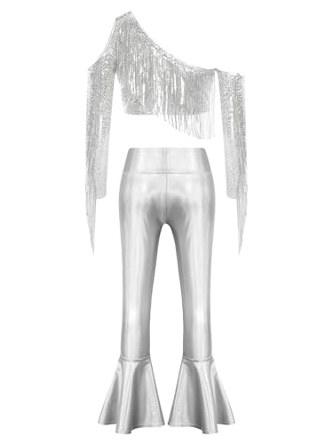 Ensemble danse jazz filles top asymétrique et pantalon évasé argenté - 2