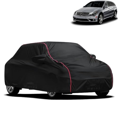 Image of Waterproof Car Cover for Mercedes Benz RClass | All-Weather Protection, Dustproof & UV Resistant | Triple Stitched Mirror Pockets, Windproof Buckle Strap with Elastic Hem, Black-Red Piping