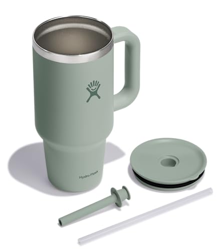 Image of Hydro Flask Travel Tumbler with Handle, Lid and Straw - Insulated Stainless Steel in 32 Oz Tonal Agave Green