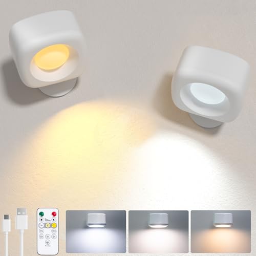 shirylzee LED Wandleuchte Innen, 2 Stück Akku Wandlampe mit Fernbedienung Kabellos Leselampe, 3 Farbmodi Dimmbar Nachttischlampe, 360° Drehbare Aufladbare Leuchten für Treppe Wohnzimmer Schlafzimmer