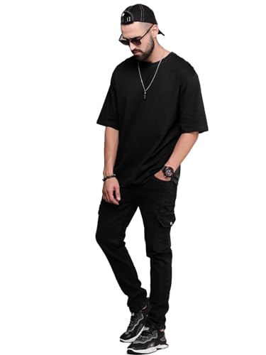 Image of LEOTUDE Half Sleeve Oversized Tshirt for Men, Round Neck Cottonblend Drop Shoulder Solid T-Shirt (Color Multicolor)