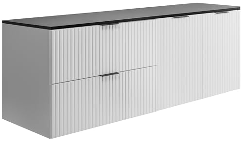 3E 3xE living.com Conjunto de baño: Mueble con cajones y Mueble con Puertas 57×46×160 cm, encimera Blanco/Negro, Tirador Negro
