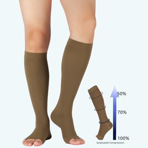 Image of Lin Performance Medical Compression Socks for Women and Men, 20-30 mmHg Open Toe Knee High Stockings, Leg Support for Daily & Travel Comfort (L,Khaki)