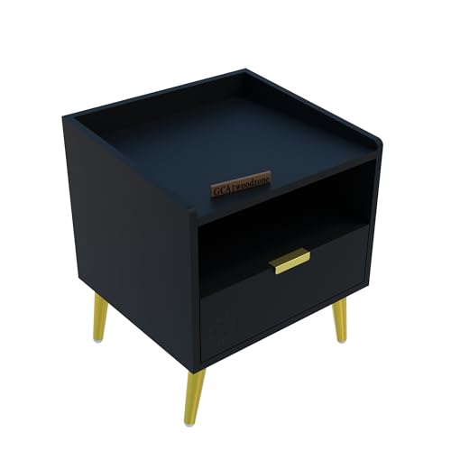 Image of Wooden Bedside Table for Bedroom | Wooden Bed Side Nightstand Lamp Table with 1 Drawers & Open Shelf Storage for Home & Hotels | HDMR Premium Wood & Iron Legs | Black (Pack of 2)