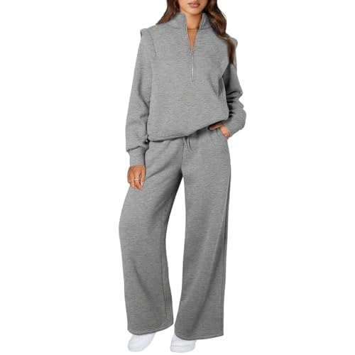 Aleumdr Women's 2 Piece Outfits Oversized Fleece Sweatsuit Half Zip Sweatshirt with Wide Leg Sweatpants Lounge Set Medium Gray