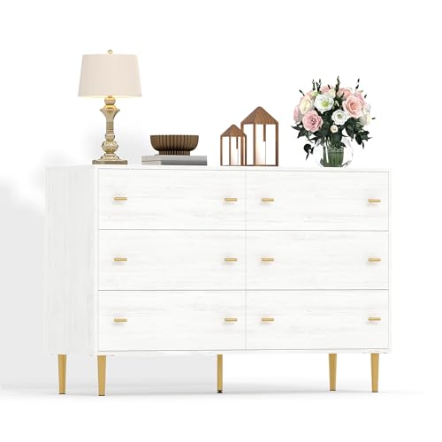 Farmhouse 6 Drawers Dresser for Bedroom, 47.2" Wide White Dresser Wood Rustic Chest of Drawers with Large Drawers & Bar Handles,Natural Texture,Drawer Organizer for Living Room,Hallway and Entryway