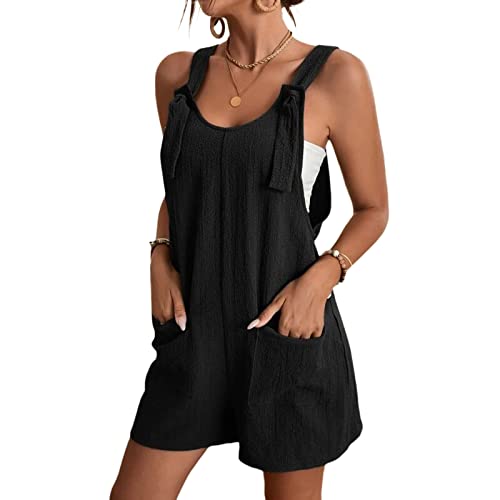 Loalirando Women's Casual Romper Bib Overalls Shorts Solid Color Sleeveless Adjustable Strap Loose Cotton Linen Wide Leg Loose Short Playsuit with Pockets (Black, M)