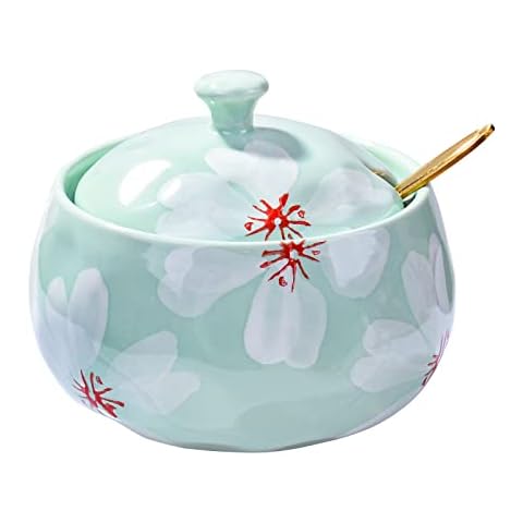 Ceramic Sugar Bowl with Lid, Ceramics Cyan Sugar Salt Pepper Storage Jar Seasoning Pot with Lid and Spoon for Home and Kitchen Cover