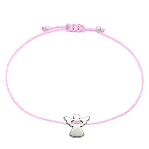 SelfmadeJewelry - Pulsera con ángel de la guarda de plata sobre cinta textil rosa