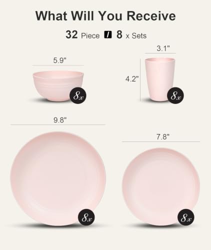 Image of Quatish 32 Piece Plates and Bowls Sets for 8, Unbreakable Dinnerware Sets, Plastic Dish Set for Camping, Dishwasher Microwave Safe, Outdoor Kitchen and Apartment Dorm Dinning RV Essentials, Pink