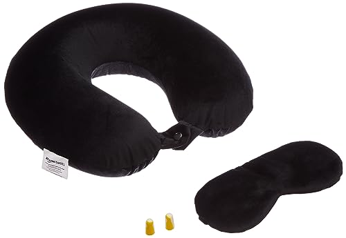 Amazon Basics Memory Foam Travel Neck Pillow with Eye Mask & Ear Plugs Combo|Ultra Soft Velvet Fabric|Ergonomically Designed for Ultimate Comfort for Air, Car, Train, Bus Travel- Black, Standard Size