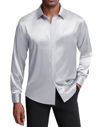 Chemise satin homme bleu argenté fluide infroissable