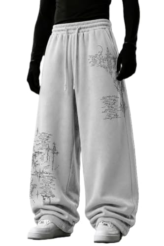 Image of Men's Grey Oversized Wide Leg Track Pants | 240 GSM Pure Cotton French Terry | Graphic Print | Baggy Relaxed Fit | Elastic Drawstring Waist | Casual Streetwear Sweatpants