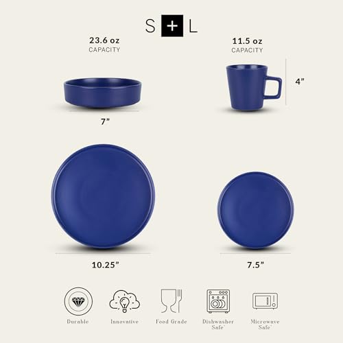 Image of Stone Lain Cleo Stoneware 16-Piece Modern Dinnerware Set, Plates and Bowls, Blue, Service for 4, Microwave & Dishwasher Safe