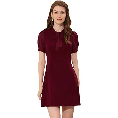 Allegra K Bow Tie Neck Puff Sleeve Dress Cover