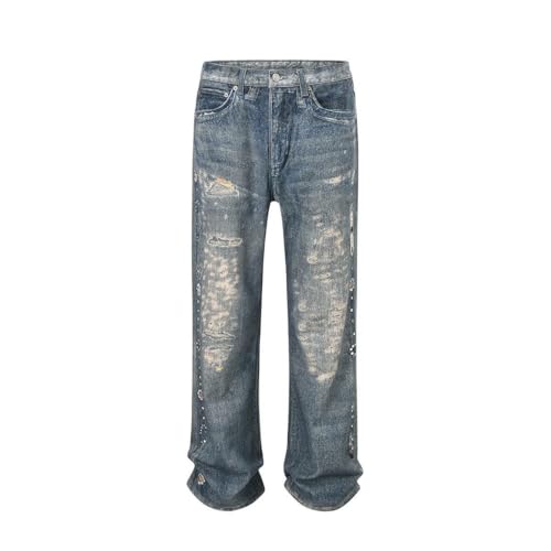 Men's American Style Washed Jeans, Vintage Gradient Color, Loose Fit Straight Leg Trousers2